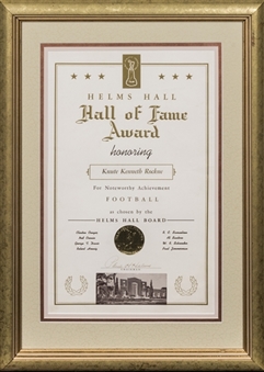 Knute Rockne Helms Hall of Fame Award In Frame Display From The 1995 Rockne Family Estate Auction